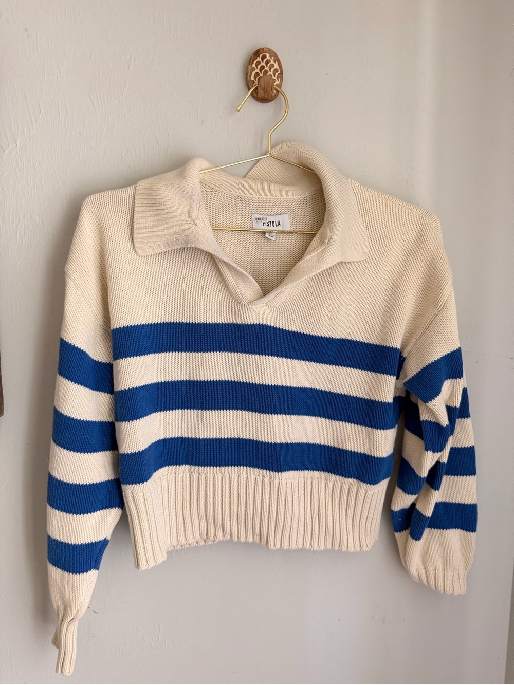 pistola Cream and Blue Striped Polo-Collar Cropped Sweater